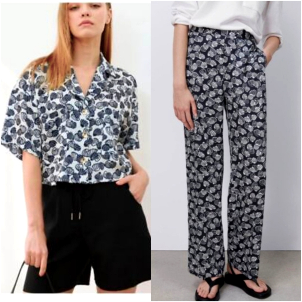 zara shell print pants crop top set sz l